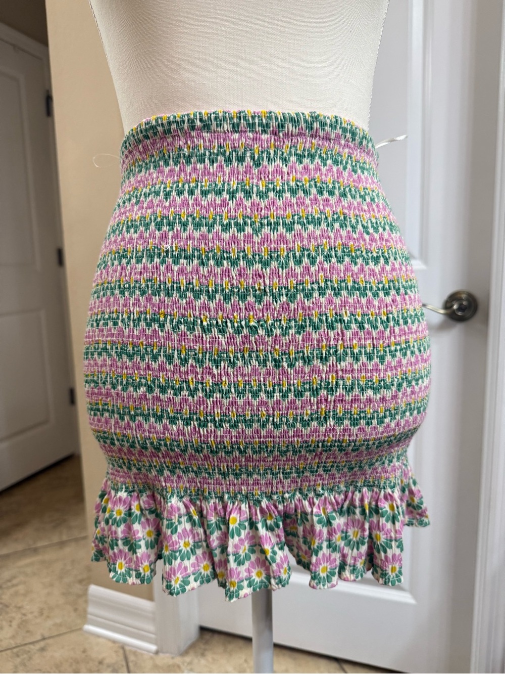 Zara Pink Green Floral Smocked Ruffle Mini Skirt
